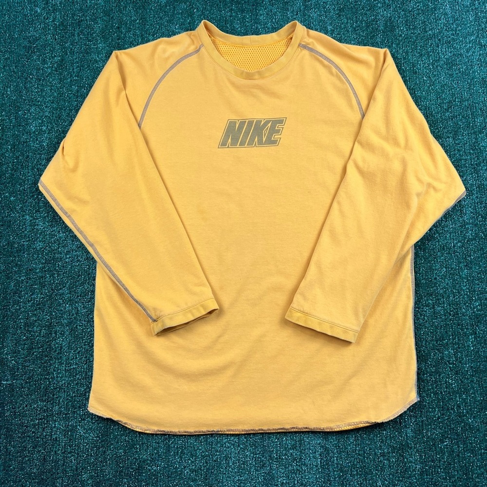 VTG Nike T-Shirt Men's XL Yellow Long Sleeve Reversible Mesh Center Swoosh Y2K